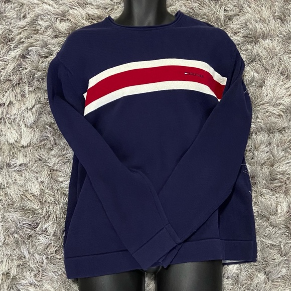 Tommy Hilfiger men blue, red, white 100% cotton, crew neck sweater. Size L. Used - Picture 4 of 11